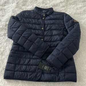 Lauren Ralph Lauren Quilted Jacket Women's L Dark Navy Front Snap Logo Patch
